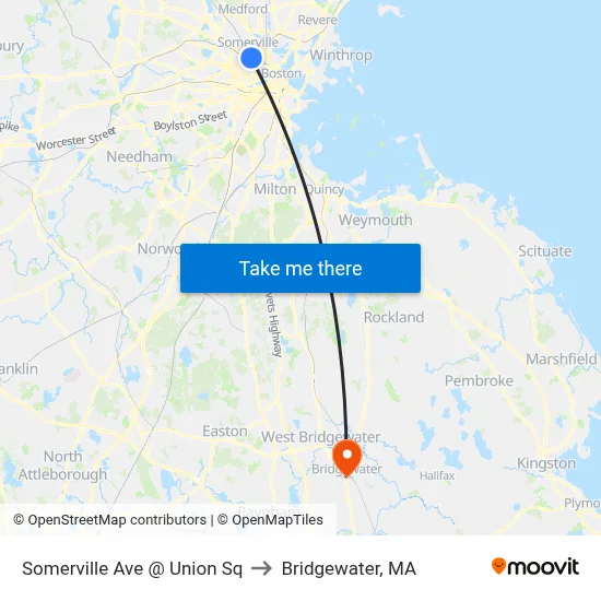 Somerville Ave @ Union Sq to Bridgewater, MA map
