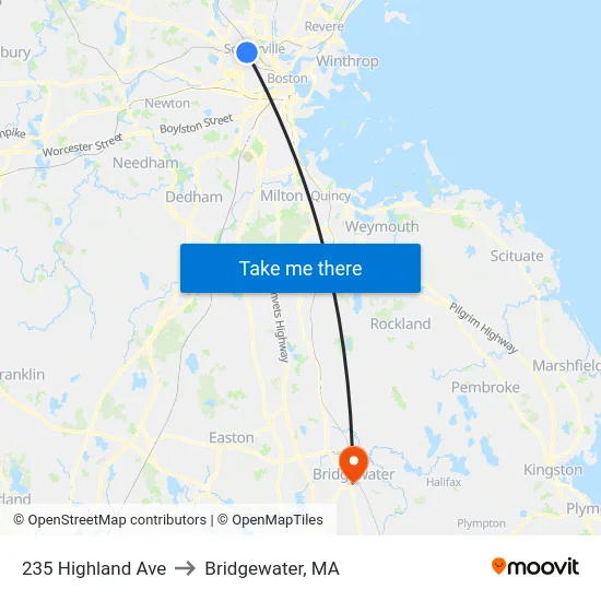235 Highland Ave to Bridgewater, MA map