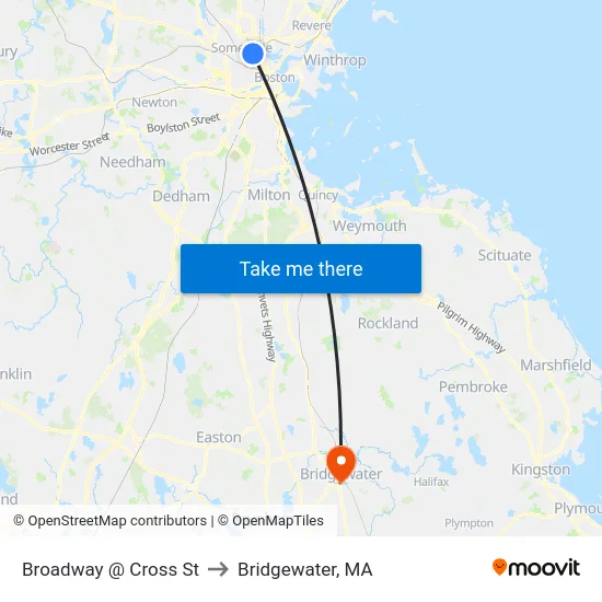 Broadway @ Cross St to Bridgewater, MA map