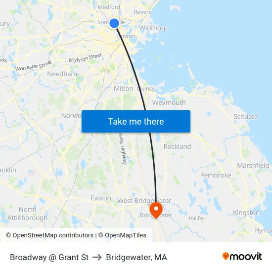 Broadway @ Grant St to Bridgewater, MA map