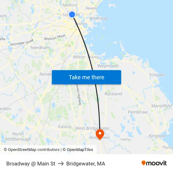 Broadway @ Main St to Bridgewater, MA map