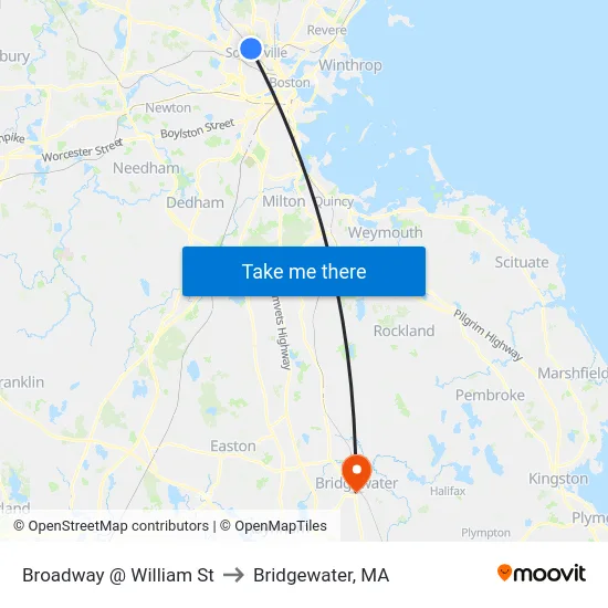 Broadway @ William St to Bridgewater, MA map