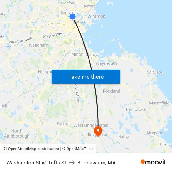 Washington St @ Tufts St to Bridgewater, MA map
