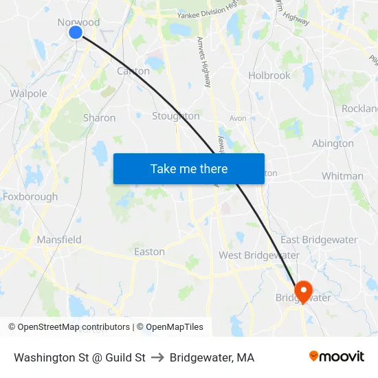 Washington St @ Guild St to Bridgewater, MA map