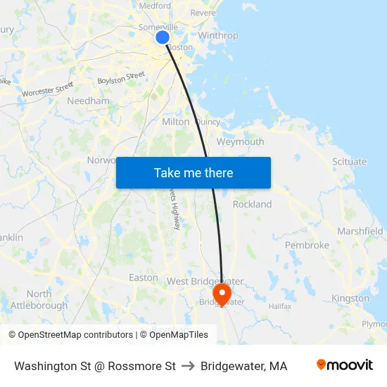 Washington St @ Rossmore St to Bridgewater, MA map
