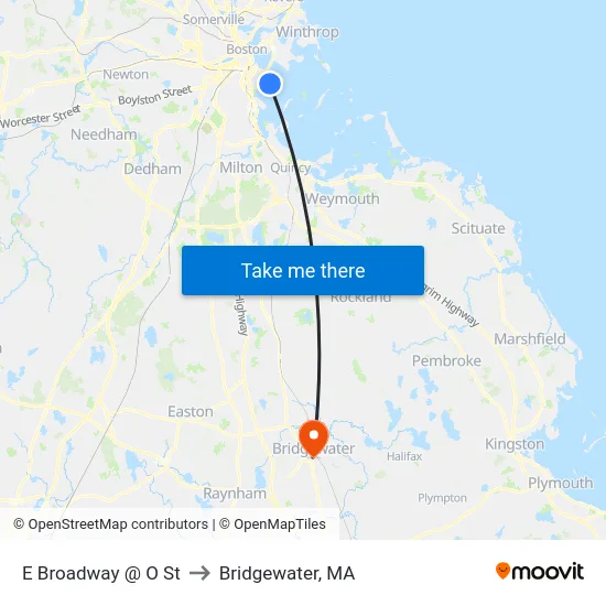 E Broadway @ O St to Bridgewater, MA map