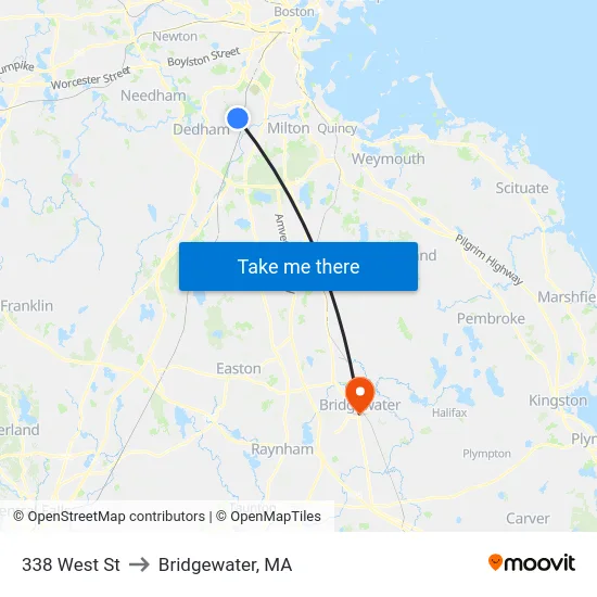 338 West St to Bridgewater, MA map