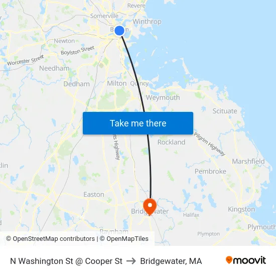N Washington St @ Cooper St to Bridgewater, MA map
