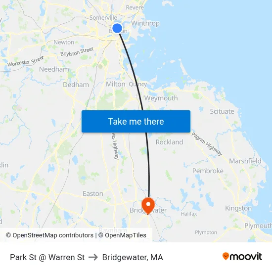 Park St @ Warren St to Bridgewater, MA map