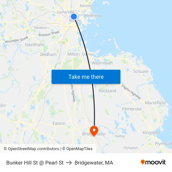 Bunker Hill St @ Pearl St to Bridgewater, MA map
