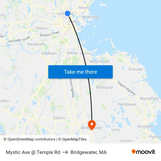 Mystic Ave @ Temple Rd to Bridgewater, MA map