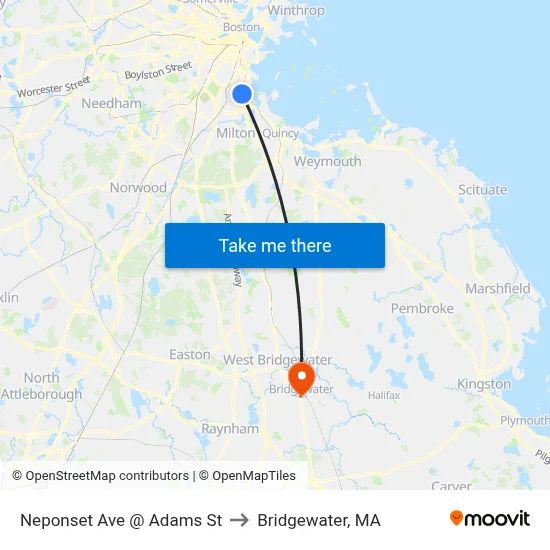 Neponset Ave @ Adams St to Bridgewater, MA map