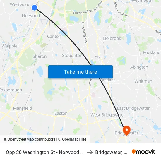 Opp 20 Washington St - Norwood Line to Bridgewater, MA map