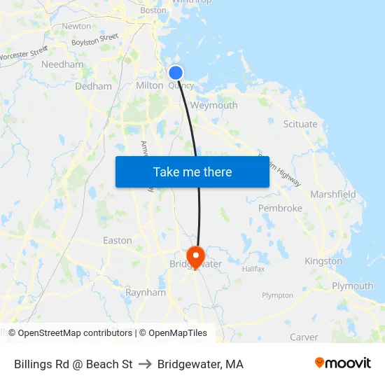 Billings Rd @ Beach St to Bridgewater, MA map