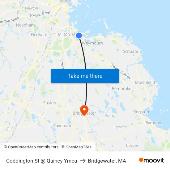 Coddington St @ Quincy Ymca to Bridgewater, MA map