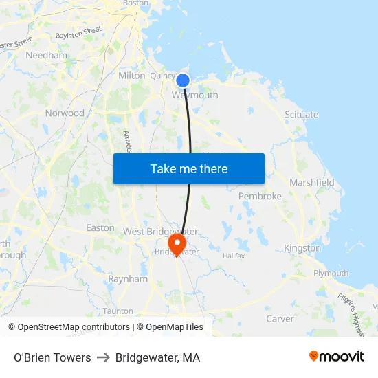 O'Brien Towers to Bridgewater, MA map