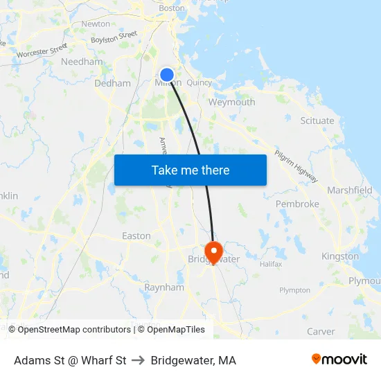 Adams St @ Wharf St to Bridgewater, MA map
