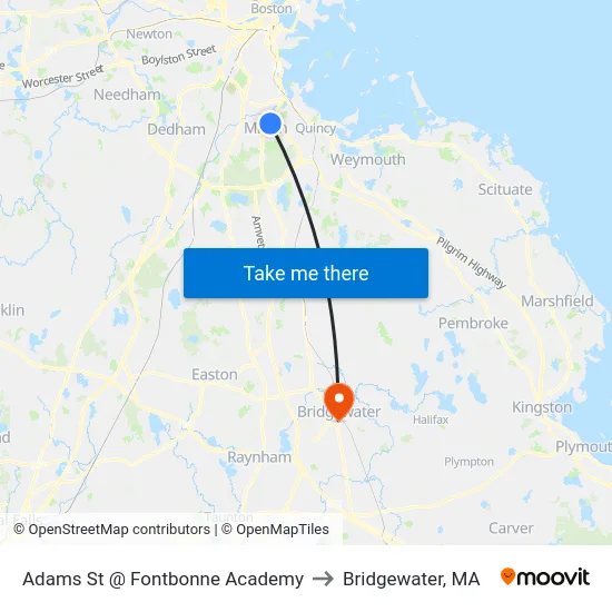 Adams St @ Fontbonne Academy to Bridgewater, MA map