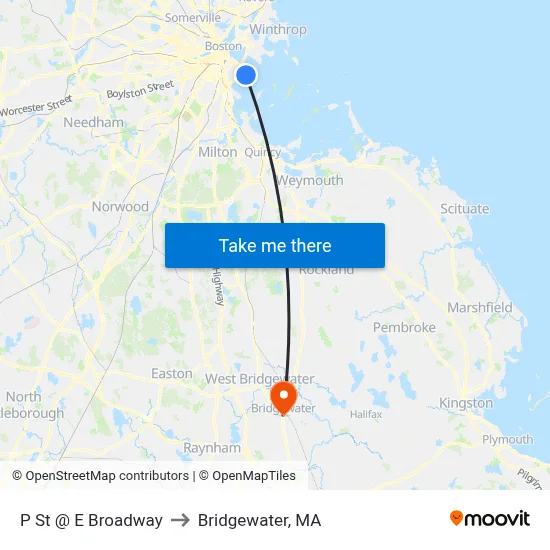 P St @ E Broadway to Bridgewater, MA map
