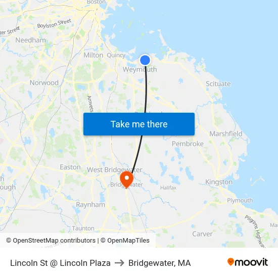 Lincoln St @ Lincoln Plaza to Bridgewater, MA map