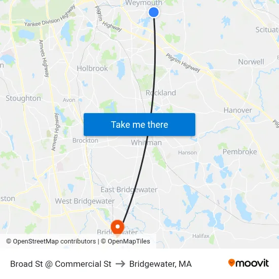 Broad St @ Commercial St to Bridgewater, MA map