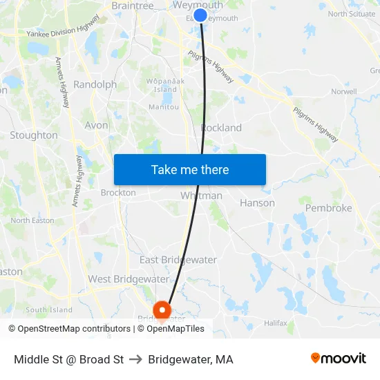 Middle St @ Broad St to Bridgewater, MA map