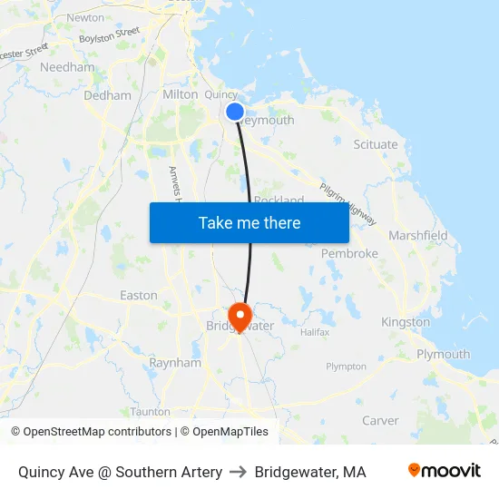 Quincy Ave @ Southern Artery to Bridgewater, MA map