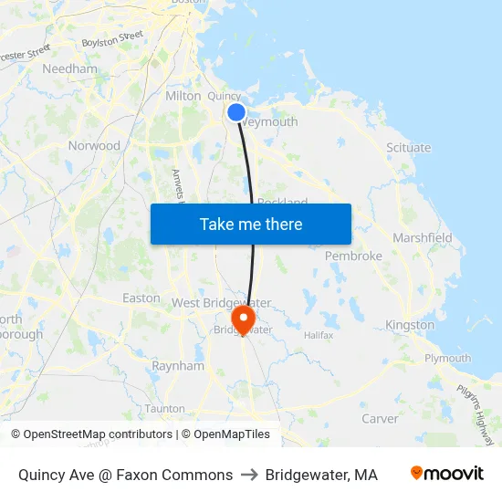 Quincy Ave @ Faxon Commons to Bridgewater, MA map