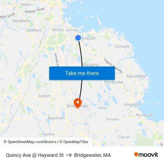 Quincy Ave @ Hayward St to Bridgewater, MA map