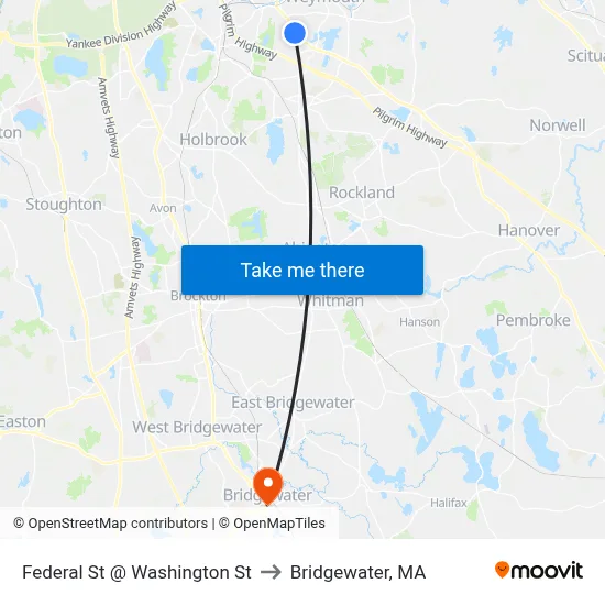 Federal St @ Washington St to Bridgewater, MA map