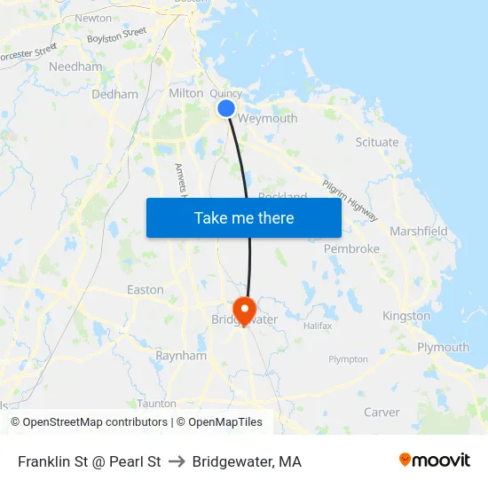 Franklin St @ Pearl St to Bridgewater, MA map