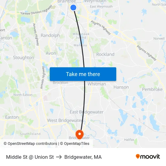 Middle St @ Union St to Bridgewater, MA map