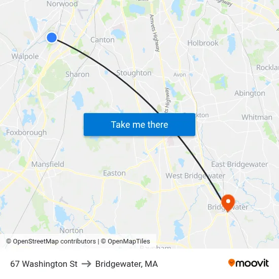 67 Washington St to Bridgewater, MA map