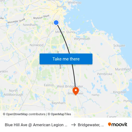 Blue Hill Ave @ American Legion Hwy to Bridgewater, MA map