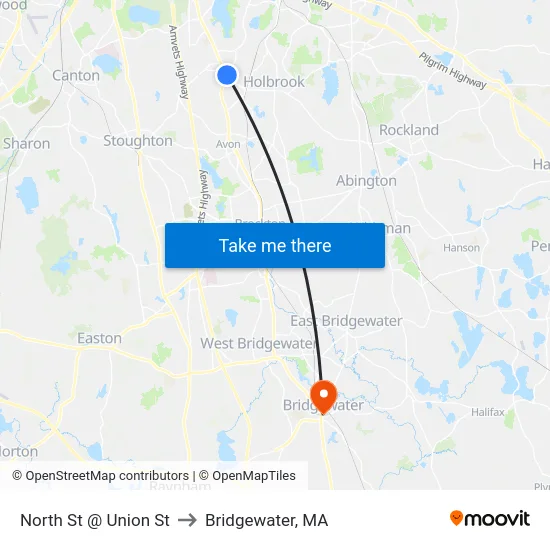 North St @ Union St to Bridgewater, MA map