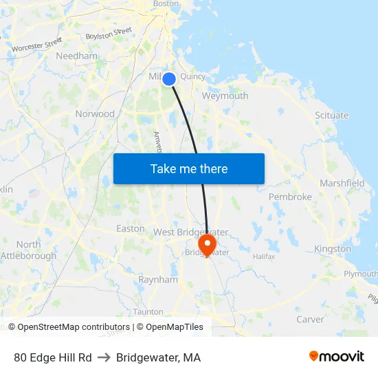 80 Edge Hill Rd to Bridgewater, MA map