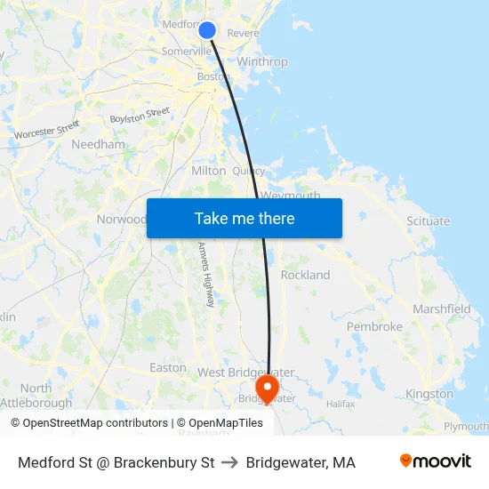 Medford St @ Brackenbury St to Bridgewater, MA map