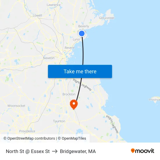 North St @ Essex St to Bridgewater, MA map