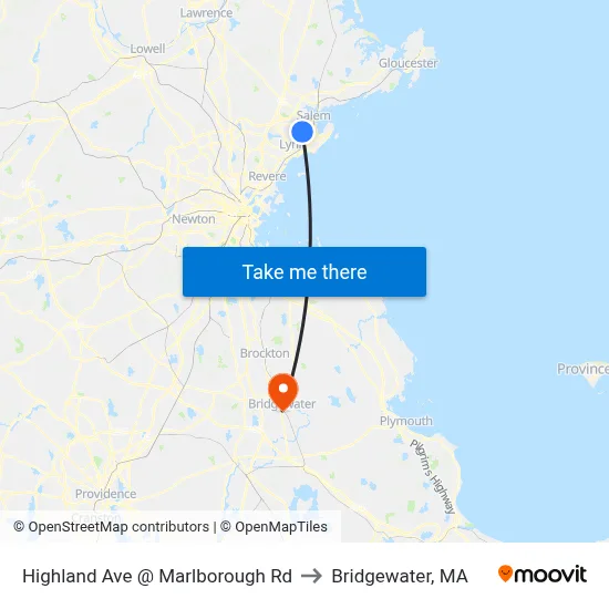 Highland Ave @ Marlborough Rd to Bridgewater, MA map