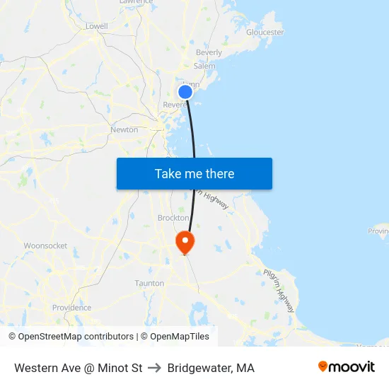Western Ave @ Minot St to Bridgewater, MA map