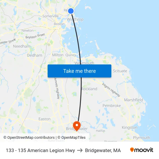 133 - 135 American Legion Hwy to Bridgewater, MA map