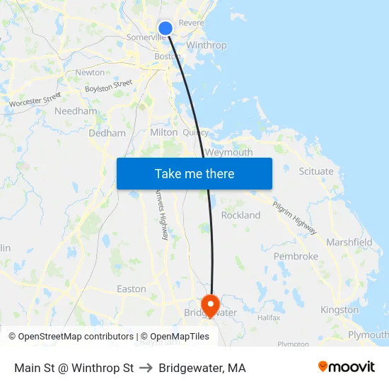 Main St @ Winthrop St to Bridgewater, MA map