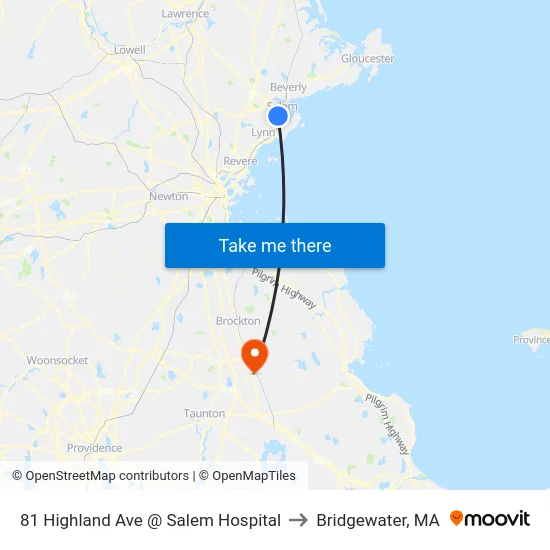 81 Highland Ave @ Salem Hospital to Bridgewater, MA map