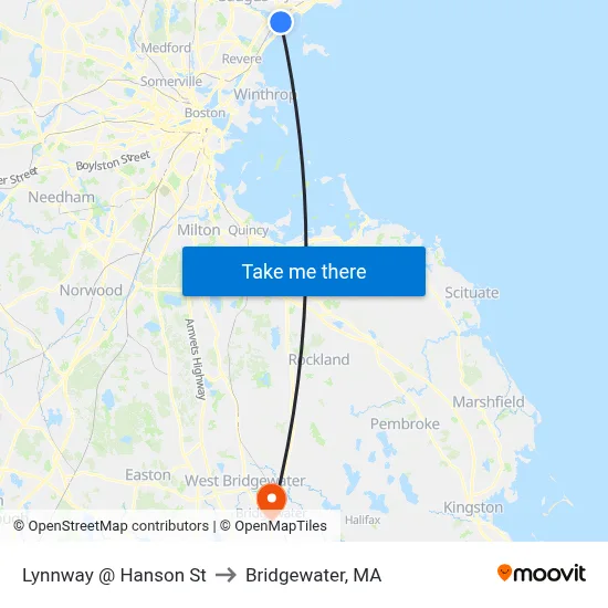 Lynnway @ Hanson St to Bridgewater, MA map