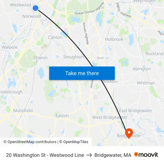 20 Washington St - Westwood Line to Bridgewater, MA map