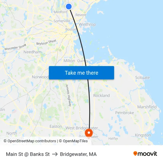 Main St @ Banks St to Bridgewater, MA map