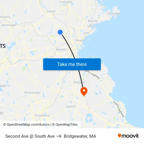 Second Ave @ South Ave to Bridgewater, MA map