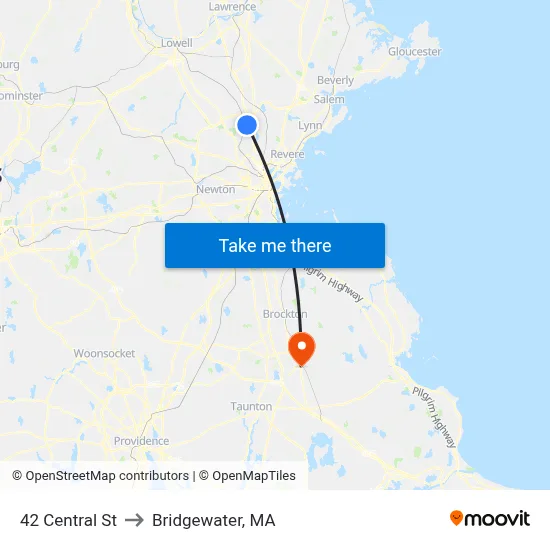 42 Central St to Bridgewater, MA map