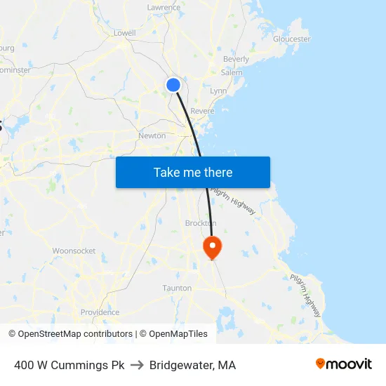 400 W Cummings Pk to Bridgewater, MA map