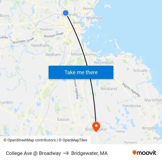 College Ave @ Broadway to Bridgewater, MA map
